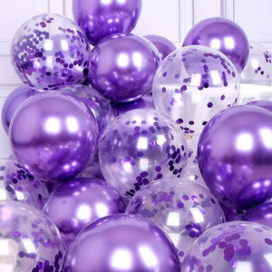 12 Inch Metallic Chrome Purple Confetti & Latex Balloon Bouquet 10 Pack