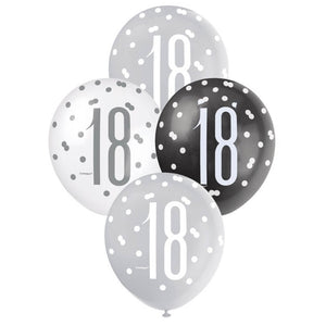 Pack of 6 12-inch Black & White Age 18 Latex Balloons
