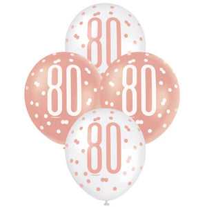 12-inch Rose Gold & White Age 80 Latex Balloons 6 pack party decoration