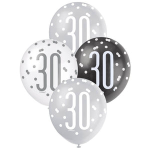 Pack of 6 12-inch Black & White Age 30 Latex Balloons