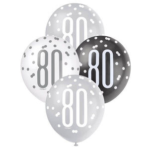 Pack of 6 12-inch Black & White Age 80 Latex Balloons - 80th Birthday Party Decorations