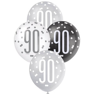 12-inch Black & White Age 90 Latex Balloons 6pk 90th birthday party decorations