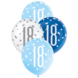 Pack of 6 12-inch Blue & White Age 18 Latex Balloons