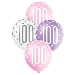 12-inch Pink Purple White Age 100 Latex Balloons 6pk 100th birthday party decorations