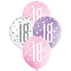 12-inch Pink Purple White Age 18 Latex Balloons 6pk