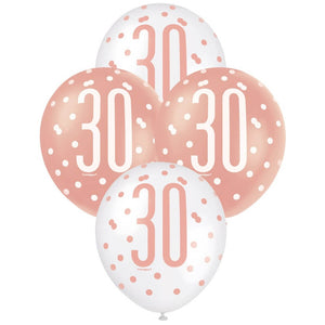 Pack of 6 12-inch Rose Gold & White Age 30 Latex Balloons