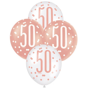 12-inch Rose Gold & White Age 50 Latex Balloons 6pk