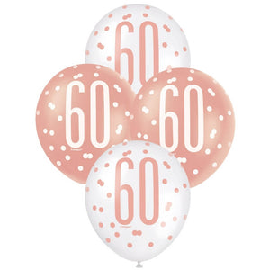 12-inch Rose Gold & White Age 60 Latex Balloons 6pk