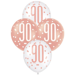 Pack of 6 12-inch Rose Gold & White Age 90 Latex Balloons - 90th Birthday Party Decorations