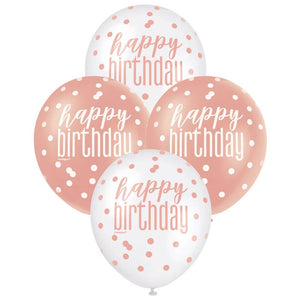 Pack of 6 12-inch Rose Gold & White 'Happy Birthday' Latex Balloons