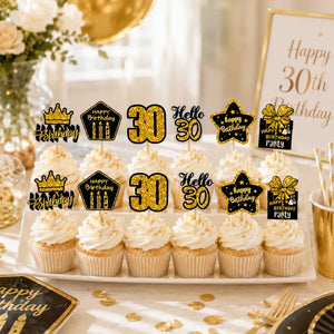 Pack of 12 Black & Gold 30th Birthday Cupcake Toppers