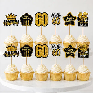Black & Gold 60th Birthday Cupcake Picks 12pk