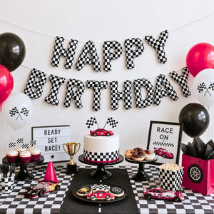 Black & White Checkered Happy Birthday Balloon Banner