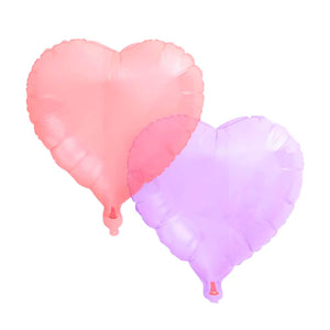Two heart-shaped balloons, one pink and one purple, on a white background