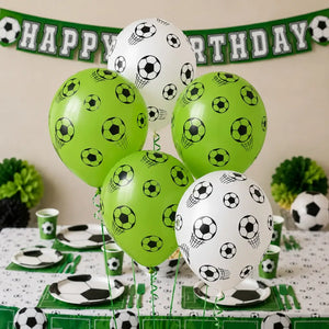 Pack of 5 12in Pearl Lime Green & White Soccer Ball Printed Latex Balloons