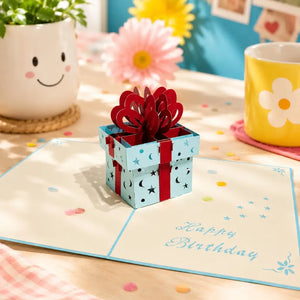 Blue Present Box with Red Ribbon Bows Pop Up birthday Card