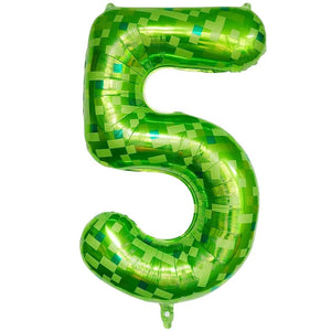 pixel style lime green number 5 foil balloon for video game and sports party