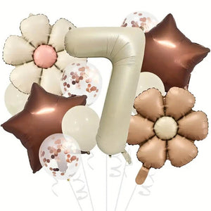 Retro cream and brown balloon bundle with daisy and star foil balloons number 7