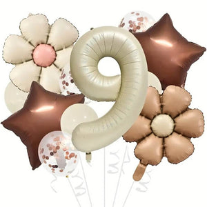 Rustic party balloon bundle with daisy foil, latex and star foil balloons number 9