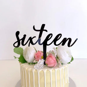 Acrylic Black 'Sixteen' Script Birthday Cake Topper