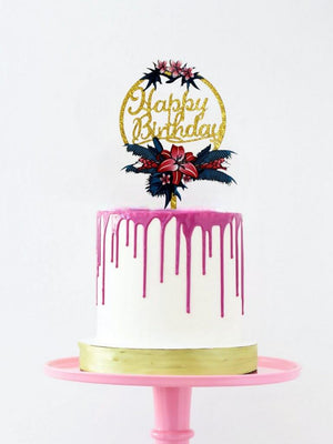 Acrylic 'Happy Birthday' Flower Wreath Cake Topper - Gold Glitter - Online Party Supplies