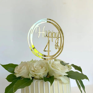 Acrylic Gold Mirror Happy 4th Birthday Geometric Circle Cake Topper