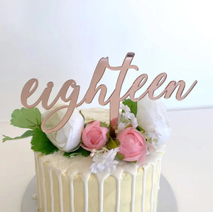 Rose Gold Mirror Acrylic 'eighteen' Script Cake Topper