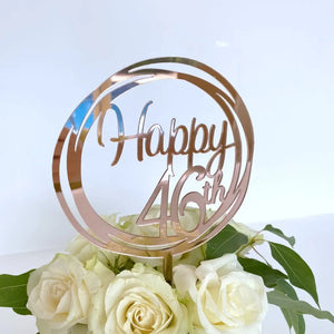 Acrylic Rose Gold Mirror Happy 46th Birthday Geometric Circle Cake Topper