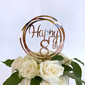 Acrylic Rose Gold Mirror Happy 8th Birthday Geometric Circle Cake Topper