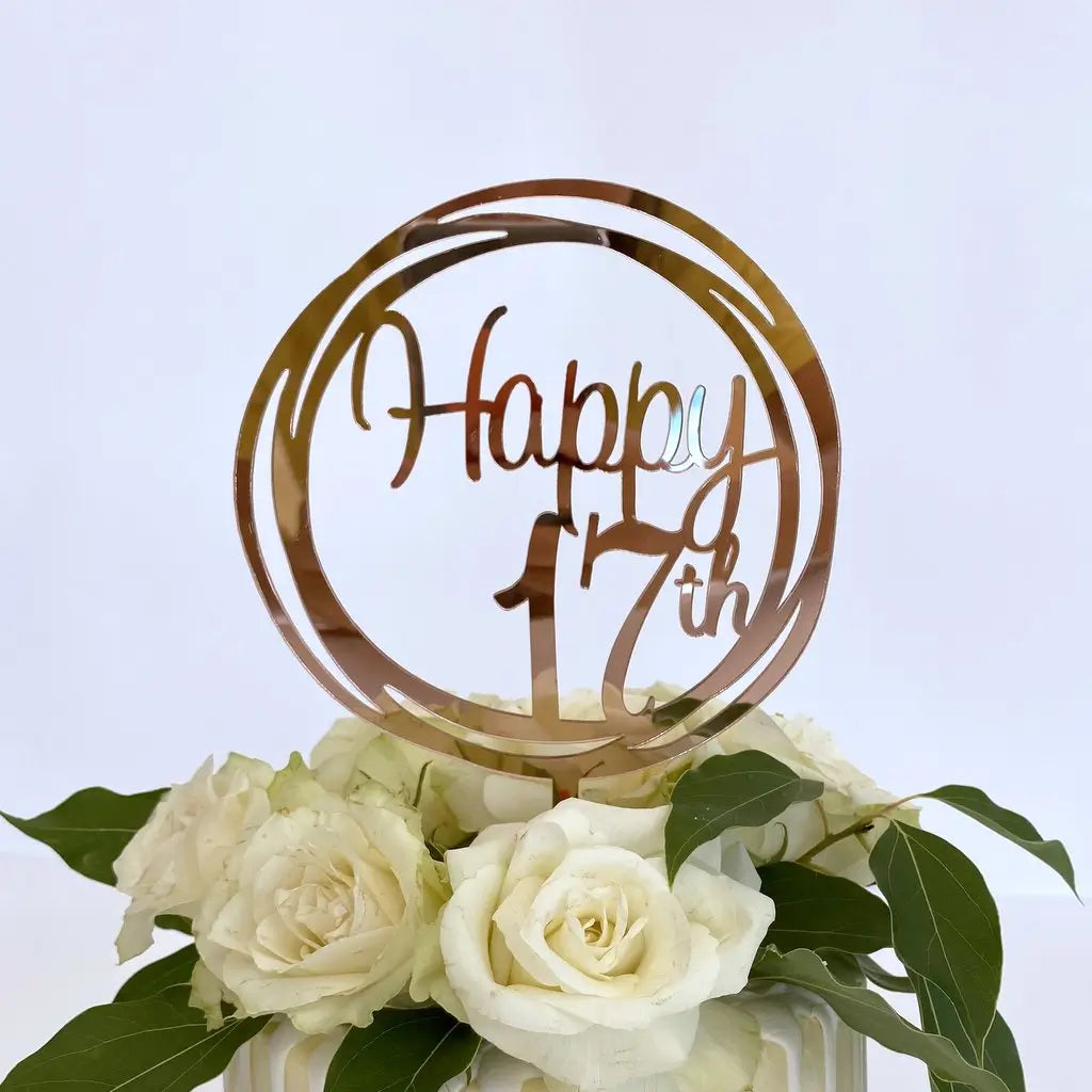 Acrylic Rose Gold Geometric Circle Happy 17th birthday Cake Topper