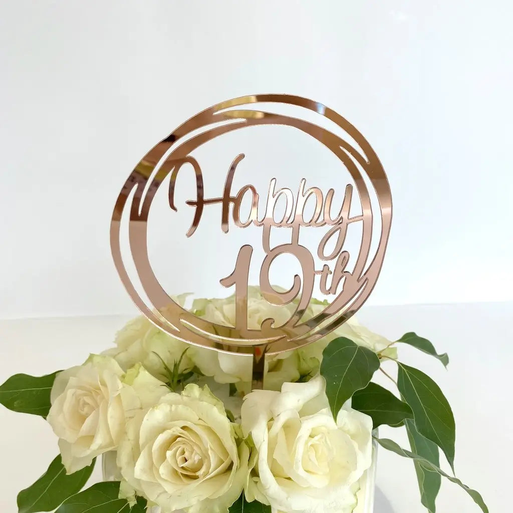Acrylic Rose Gold Geometric Circle Happy 19th birthday Cake Topper