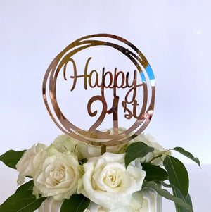 Acrylic Rose Gold Mirror Happy 21st Geometric Round birthday Cake Topper