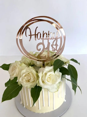 Acrylic Rose Gold Mirror Happy 21st Geometric Round birthday Cake Topper