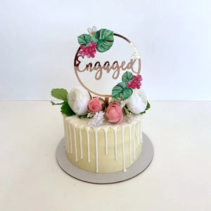 Acrylic Rose Gold Mirror Tropical Floral 'Engaged' Loop Bridal Wedding Engagement Cake Topper
