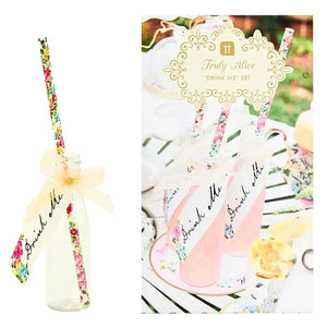 Set of 6 Truly Alice plastic bottles with paper straws for tea party