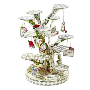 Alice in Wonderland tree shaped cardboard cake stand with branches holding cupcakes, Mad Hatter tea party dessert display centrepiece