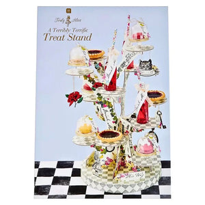 Alice in Wonderland tree shaped cardboard cake stand with branches holding cupcakes, Mad Hatter tea party dessert display centrepiece