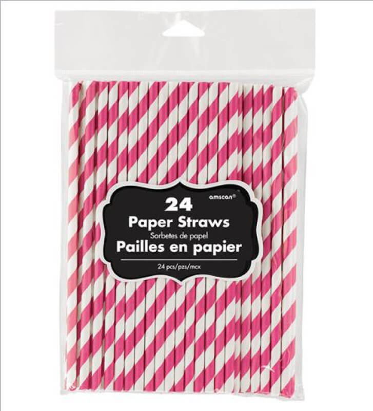 Bright Pink Striped Paper Straws 24 Pack