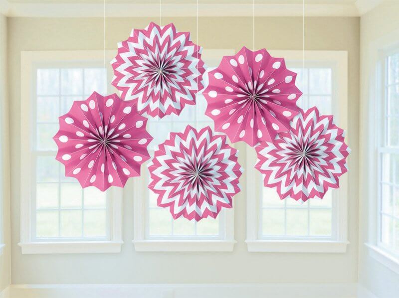 Bright Pink Printed Paper Fan Decorations 5 Pack