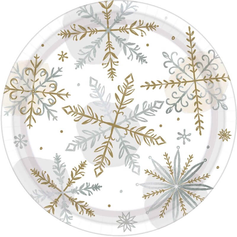 Shining Snowflakes Metallic Paper Plates 17cm 8pk