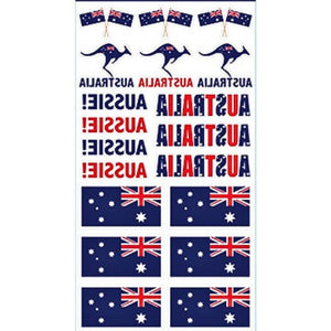 Sheet of Aussie temporary tattoos with flags and kangaroos