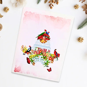 Pop-up greeting card with bird cage and Australian birds