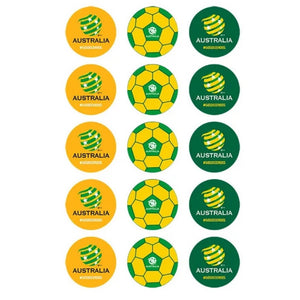 Australia Socceroos edible cupcake toppers featuring official green and gold football-inspired designs and soccer ball graphics on a 5cm pre-cut edible image sheet with 15 cupcake decorations.