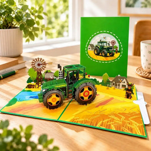Green tractor and Australian farm animals 3D pop-up greeting card