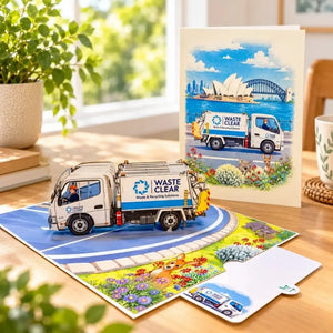 Garbage truck card surrounded by native flowers and Australian wildlife