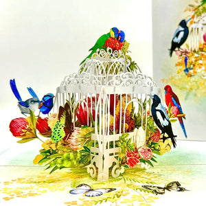 Australian Native Bird Cage with flowers and butterflies 3D Pop Up Greeting Card