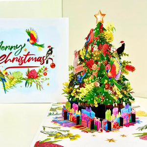 Handmade Aussie Christmas card with rainbow lorikeets and cockatoos