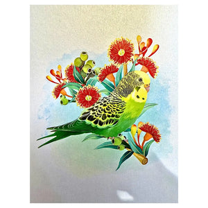 Green and yellow budgie 3D pop-up greeting card front view