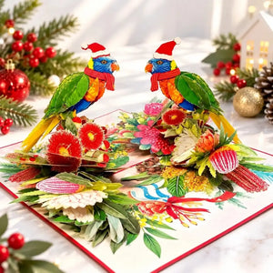 Two festive rainbow lorikeets wearing Santa hats and striped scarves