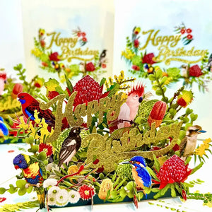 Handmade 3D birthday card with Australian native birds and flowers